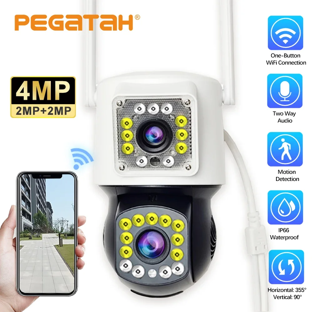 PEGATAH 4MP HD Wifi PTZ Camera Outdoor Dual Lens Dual Screen AI Auto Tracking IP Camera CCTV Audio Video Surveillance V360PRO