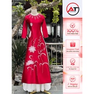 Middle-aged ao dai for mothers, ruby silk ao dai with lotus flowers and stone bamboo, size S - 4XL
