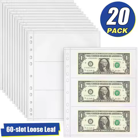 20/5 Pcs Loose Leaf Sheet 3-Slot Transparent Banknotes Holder Portable Paper Money Protective Bag Pa