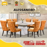 ALESSANDRO 1.5m Set Meja Makan Marble 8 Kerusi / Square Marble Dining Set Modern Chesterfield 8 seater