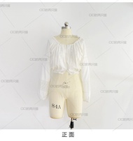 Aespa Jiwoo สไตล์เดียวกัน สีขาว ลูกไม้ ตัดเสื้อเชิ้ตแขนยาวแบบสั้น Double Layered เอว ผูกขากว้าง กางเ