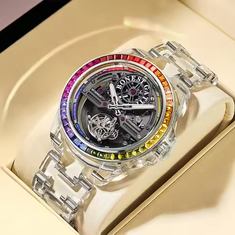 BONEST GATTI luxury Full Skeleton Automatic Mechanical Watch Sapphire Back 48 Rainbow Diamonds Lumin