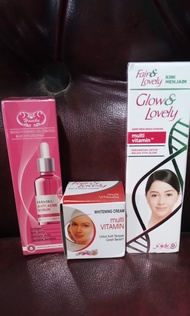 paket glowing 4in1 fair and lovely plus acne whitening glowing- pelembab - cream siang malam - serum haniku acne bpom