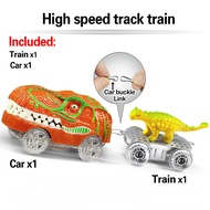 รถไฟไดโนเสาร์ชุดของเล่นรางรถไฟรถของเล่นสำหรับเด็กชุดแข่งแบบโค้งงอยืดหยุ่น Mainan Edukasi Mobil แสงแฟลช