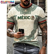 3D Printed Mexico Soccer Jersey Aztec Mayan Tribal Pattern Eagle Emblem Ethnic Geometric Collar Retr