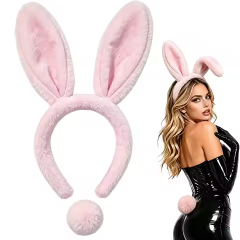Plush Bunny Ears Headband, Bunny Ears and Tail Set Halloween Costumes for Women Adult, Pink Bunny Co