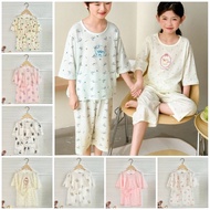 Kids 3/4 Sleeve Pajamas Set Cotton 90-160cm T-shirt+Cropped Pants Loungewear Set for Spring Summer