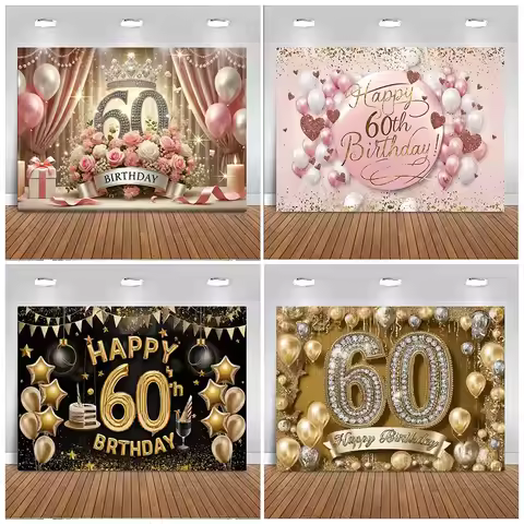 Happy 60th Birthday Background Black Gold Pink Balloons Backdrop 60 Years Old Birthday Party Decorat