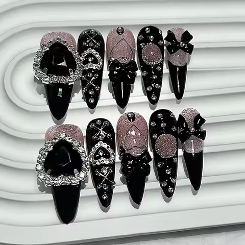 10PCS Y2K Gyaru Kei Black Pink Long Tip Handmade Press On Nails Jirai Bow Love Diamonds Glitter Fake
