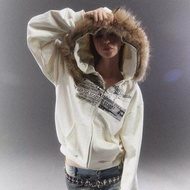 Y2K Womens Slim Fit Hooded Jacket with Fur Collar American Retro Subculture Mini-Series Open Cardiga