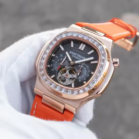 Reef Tiger Luxury Rose Gold Black Dial Square Automatic Watch With Diamonds 24 Hour Tourbillon Orang