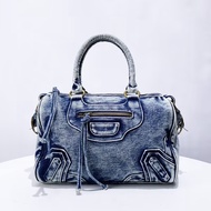 Vintage Washed Denim Patchwork Fringe Motorcycle Bag - Shoulder Handbag Crossbody Bag, Drop Shipping