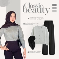 Aesthetic 3-in-1 Coffee Outfit | Knitted Cardigan + Culottes + Hijab | Simple - AM161N
