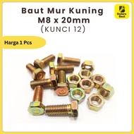 M8x20mm Bolt + Yellow Hexagon Nut (12 KEY) | Bolt 12 (8mm) x 2cm M8 Bolt Bolt and Nut