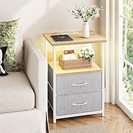 Fixwal Night Stand with Charging Station, LED Nightstand with U-S-B Ports and Outlets, 2 Fabric Stor