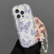 เคสโทรศัพท์ดีไซน์เฉพาะตัวลายผีเสื้อสีม่วงอ่อนมินิมอลพร้อมกรอบใสลายคลื่นพร้อมสายคล้อง, ใช้ได้กับ 17/1