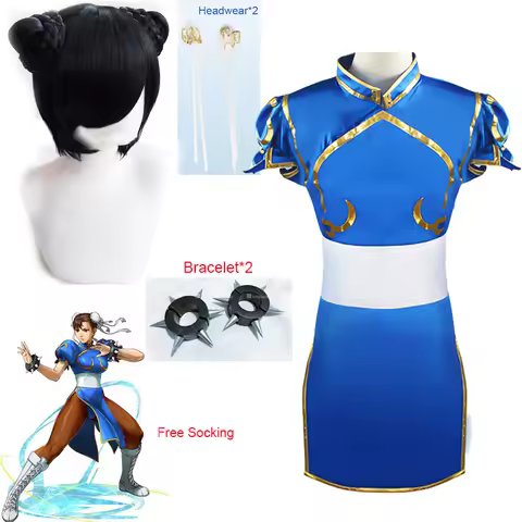 Game Street Fighter Chun-Li Cosplay Costume Chun Li Wig and Bracelet Accessories Woman and Girl Batt
