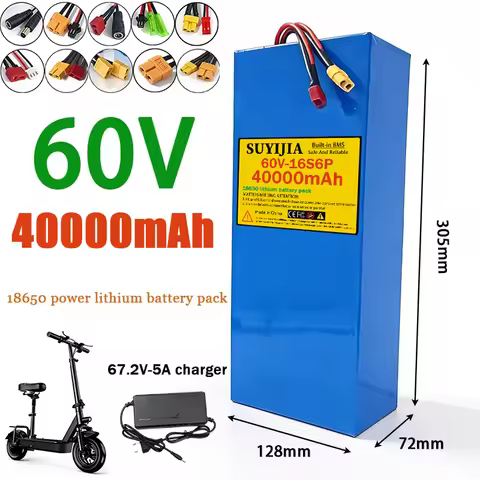 60V-40000mAh 18650 power rechargeable lithium battery pack 16S6P suitable for 250-2000W 40ABMS 67.2V