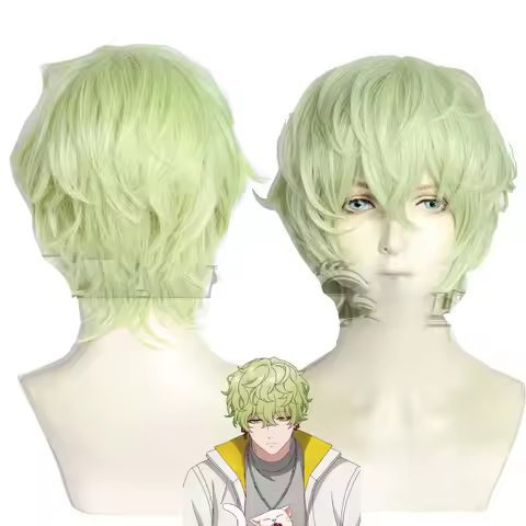 Men Paradox Live Hokusai Masaki Cosplay Short Green Curly Heat Resistant Hair Wig