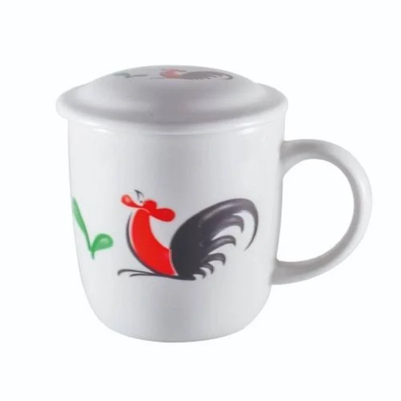 Gelas Microwaveable Oven Mug Keramik Porselen Tebal Premium Kopin Cangkir Gagang + Tutup Motif Ayam