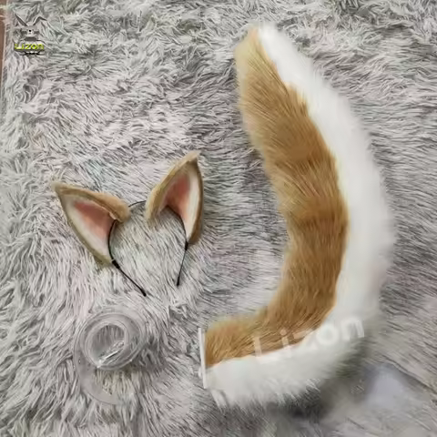Genshin Impact Gorou Render Cosplay Headwear Plush Ear Tail Set Fox Ears Tail Fox Boy Cosplay Costum