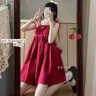 Japanese Girl Red Suspenders Midi Dress Bow Suspenders Dress