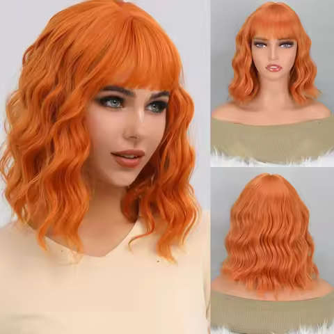 Short Wavy Curly Women Fresh Bright Synthetic Ordinary Flat Bangs Bob Wig (Light Orange)