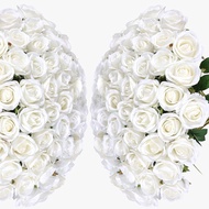 50PCS Realistic White Roses Artificial Flowers Bulk Fake Roses with Bendable Long Stems Texture Whit