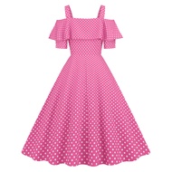 Ladies Retro Swing Dress - Short Sleeve Polka Dot with Ruffles | 50s 60s Fashion Style