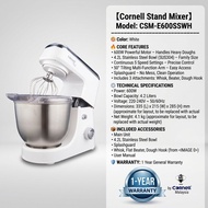 Cornell 4.2L Stand Mixer 600W 5-Speed Control SUS304 Whisk/Beater/Kneading Hook | CSM-E600SSBK/WH