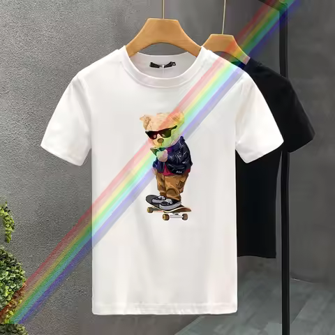Fashion For Men's T-shirt High Quality 100% Cotton Skateboard Bear Print Summer Casual Cool Loose O-