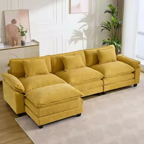 Chenille L-Shaped Couch with Ottoman, Plush Upholstered Seating, Deep Seated Cloud Sofa for Living R