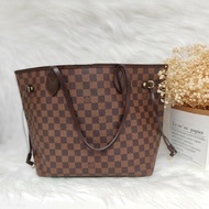 LV Neverfull 棕色 棋盤格 塗層帆布拼牛皮 中號 紅色内衬