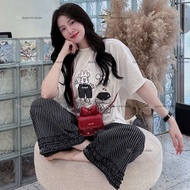 (hair tie not included) Women's clothing Set big size 60-90kg printed 4c cotton t-shirt with wide le