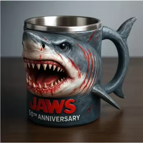 Jaws 50th Anniversary 3D Shark Mug Creative Ceramic Coffee Cup Unique Movie Collector Gift Home Offi