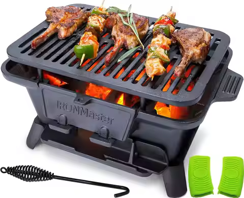 Small Portable Charcoal Grill, Cast Iron Hibachi for Outdoor Camping, Adjustable Height & Air Contro