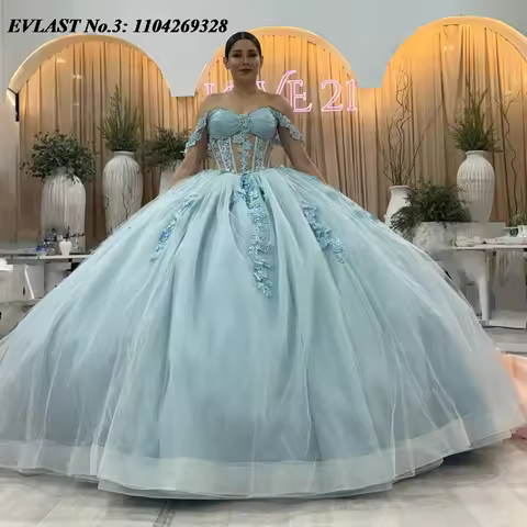 EVLAST Customized Princess Sky Blue Quinceanera Dress Ball Gown Floral Applique Beaded Corset Sweet 