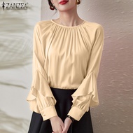Esolo ZANZEA เสื้อแขนยาวมีระบายสำหรับผู้หญิงสไตล์เกาหลีคอกลมเสื้อแฟชั่นเสื้อปาร์ตี้เสื้อท็อปส์ซู KRS #11