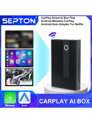 1件SEPTON智慧AI盒無線CarPlay Android Auto轉接器Net-Flix，將原始有線CarPlay轉換為無線CarPlay汽車配件有線CarPlay收音機