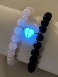 2 piezas Pulsera con cuenta pareja brillante en oscuro con accesorio de corazón