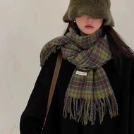 【好康推薦】圍巾女冬季高級感韓系百搭復古綠色格子圍脖女式冬天保暖披肩學生