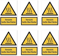 Stickers: 75 x 50 mm, Pack of 6 – Caution Hot Surface – Warning Sign with Text (German) (Yellow/Blac