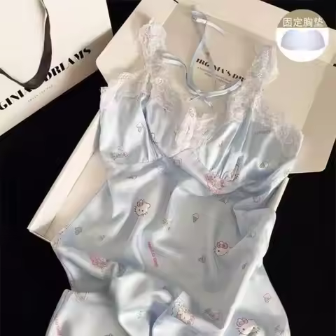 Summer Suspender Pajamas Hello Kitty Ice Silk Women with Breast Pads Pure Lust Sweet Comfortable Hom