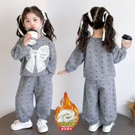 Girls Fleece Lining Sweatshirt Set Autumn Winter Bow Two-Piece Set 80-150 IEO9