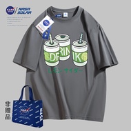 เสื้อยืดคอกลมแขนสั้นผ้าฝ้ายแท้ระบายอากาศได้ดีสำหรับฤดูร้อน 2024 ของ NASA สำหรับผู้ชาย ทรงหลวม ลายการ