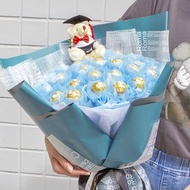 畢業花束 畢業熊+豪華版金莎33顆花束(附燈串-療癒藍)A013