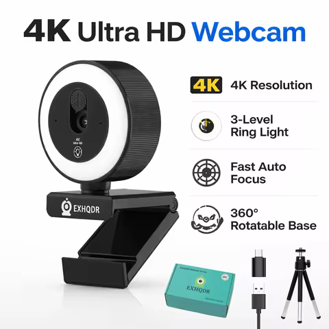 EXHQDR 4K/1080P USB Webcam with Auto Focus Ring Light Privacy Cover Tripod Type-C for PC Zoom Stream