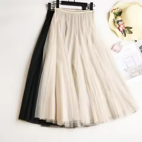 Summer Mesh Women Pleated Skirt Solid High Waist A Line Tulle Skirts Chic Long Maxi Tutu Skirt Holid