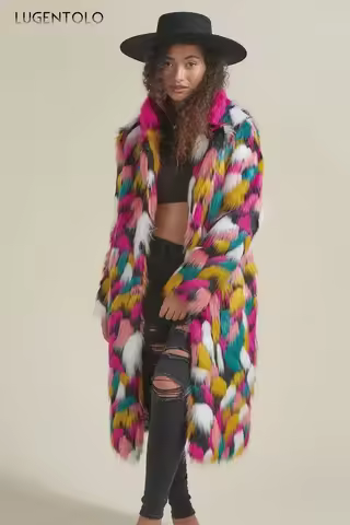 Women Faux Fur Long Coat Rainbow Colorful Fashion Faux Fox Fur Autumn Winter Female Casual Street Wa