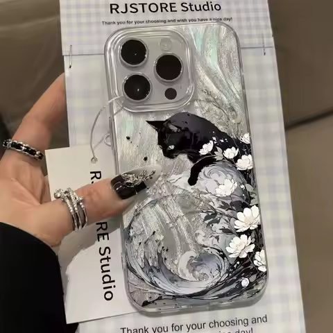 Luxury Cute Cat Flower Vortex pattern Clear Phone Case For iPhone 16 15 14Pro Max 14 13 12 11 XS XR 